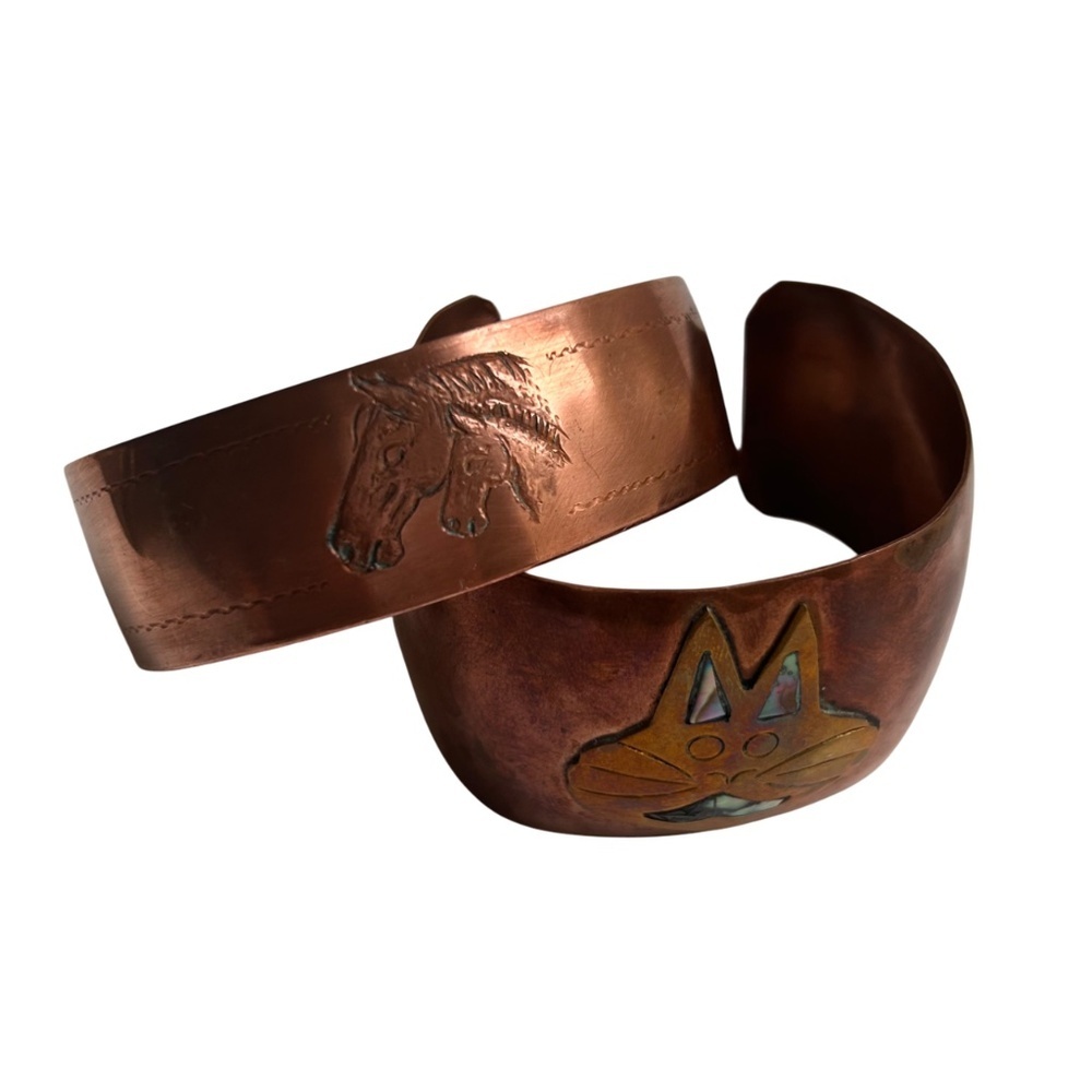 Copper Cuff Bracelets Horses & a Cat with brass & Mosaics 2 pcs,
